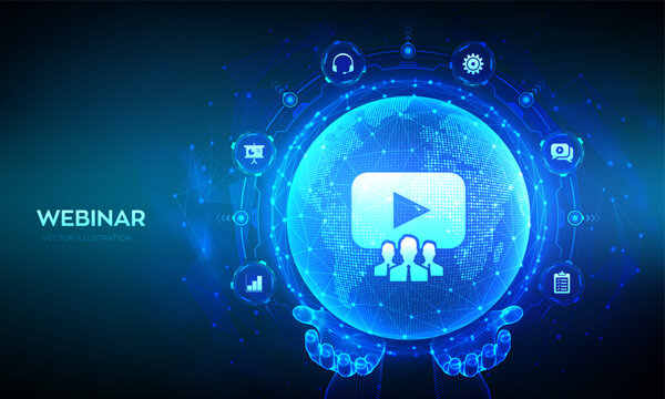 Webinar. Internet conference. Web based seminar. Online training courses. E-learning Training concept. World map point and line composition. Earth planet globe in wireframe hands. Vector illustration.