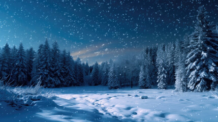 a peaceful snowy landscape under a starry night sky