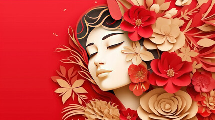 Illustration of asian female face and flowers style paper cut with copy space, Chinese woman festival banner