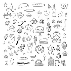 Food kitchen doodles hand drawn sketchy symbols 