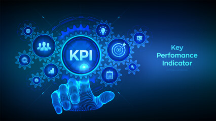 KPI. Key performance indicator business and industrial analysis technology concept on virtual screen. Wireframe hand touching digital interface with connected gears cogs and icons. Vector illustration
