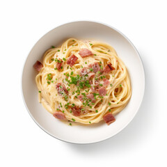Top-down view of a bowl of spaghetti carbonara.
