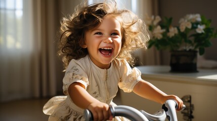 Fototapeta na wymiar Spellbinding portrait of a joyful smiling baby that riding a bike. Generative AI