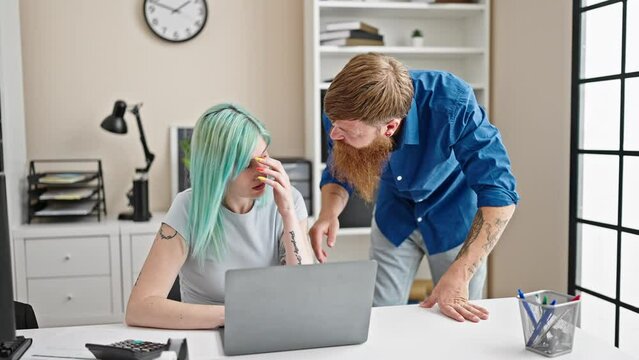 Man and woman boss and employee saying bad words at office