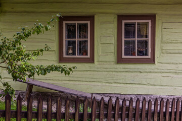 Windows of an old house in Vlkolinec village in Nizke Tatry mountains, Slovakia