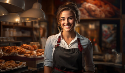 Happy businesswoman smiling in the bakery