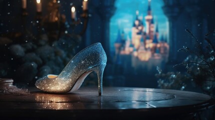 Cinderellas sparkling glass shoe - obrazy, fototapety, plakaty