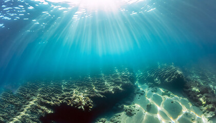 Fototapeta na wymiar Underwater shot with sunrays in deep tropical sea