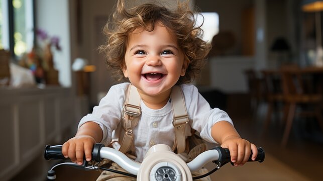 Spellbinding portrait of a joyful smiling baby that riding a bike. Generative AI