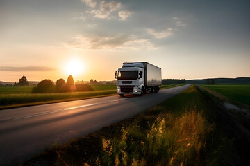 white truck arriving on the asphalt road in rural landscape in the rays of the sunset