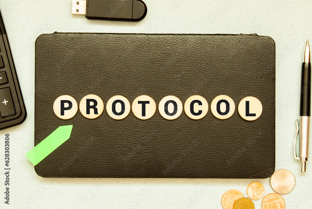 Poster protocol word written on wood block. protocol text on wooden table for your desing, concept