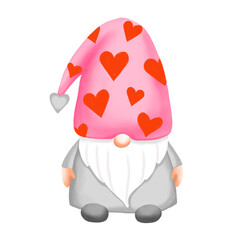 An illustration of a cute gnome wearing heart shaped beanie standing isolated 