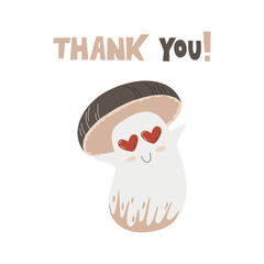 Grateful porcini character with heart shaped eyes. Autumn mush personage design. Enamored mushroom mascot with handwritten lettering thank you. Cute thanksgiving hand drawn flat vector illustration