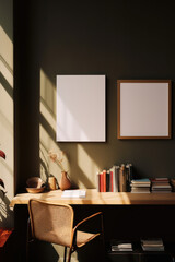 artistic frame canvas mock up in a curated whimsical studio setting / desk, atelier bohemian style with natural light and shadows - ai generative art	