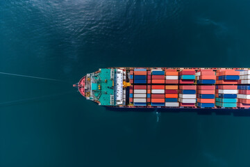 Fototapeta premium aerial top view container ship in the pier with crane bridge carries and physical system icons out export and import business in the open sea logistics and transportation banner panorama