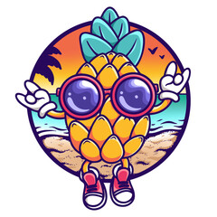 Pineapple in sunglasses and sneakers, rock sign, sea, beach. Vector illustration, summer vacation and party symbol isolated on white