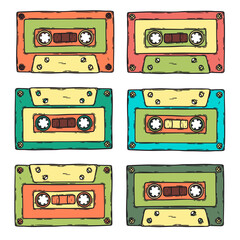 Fototapeta premium Retro audio cassette 80s, 70s, 60s music sound tape, hand drawn vector colorful background