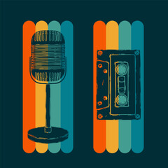 Vector retro mic. and audio cassette. Vintage karaoke, radio microphone, podcast station. Hand drawn music poster