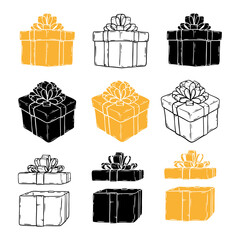Hand drawn gifts silhouette collection. Doodle illustrations present box with ribbons. Christmas gift symbols isolated on white