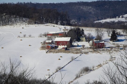 A family farm on a sunny mid-winter's day. They are waiting for warmer weather to begin another year's work