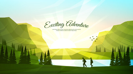 Vector illustration. Travelers walk. Travel concept of discovering, exploring and observing nature. Hiking. Adventure tourism. Couple walking with backpack and travel sticks. Website template. Nature