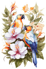 bird parrots  with tropical flowers and hibiscus buds on branches with green leaves. Watercolor on a white background