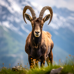 Obraz premium Alpine Ibex Portrait: Generative AI Bokeh Photo