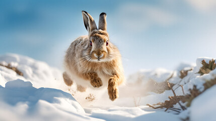 Winter Wonderland: Close-Up of Mountain Hare in Snow, generative ai