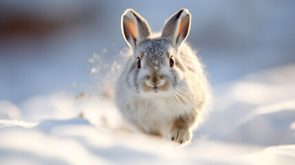 Winter Wonderland: Close-Up of Mountain Hare in Snow, generative ai