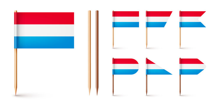Luxembourgish toothpick flags. Souvenir from Luxembourg. Wooden toothpicks with paper flag. Location mark, map pointer. Blank mockup for advertising and promotions. Vector illustration