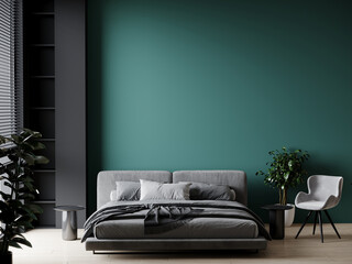 Bedroom in trend dark color green emerald and gray black. A bright empty background wall and a grey velor bed. Modern luxury interior design home or hotel apartment and rich furniture. 3d render