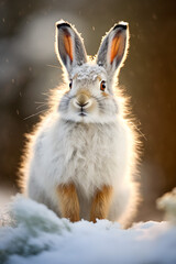 Fototapeta premium Winter Wonderland: Close-Up of Mountain Hare in Snow, generative ai