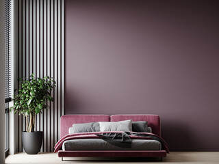 Luxury plum violet colors in the interior design room. Lilac mauve  paint walls and bed. Dark room in deep rich trend material - mockup background for art. Modern premium bedroom. 3d rendering  - obrazy, fototapety, plakaty