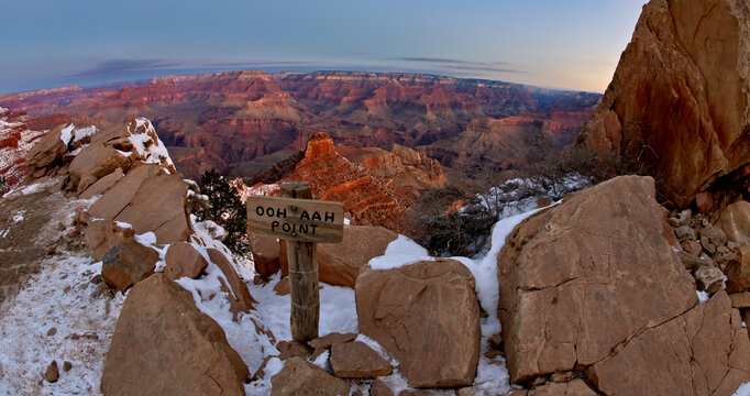 Winter view from Ooh Aah Point at dawn along the South Kaibab Trail in Grand Canyon National Park Arizona. 