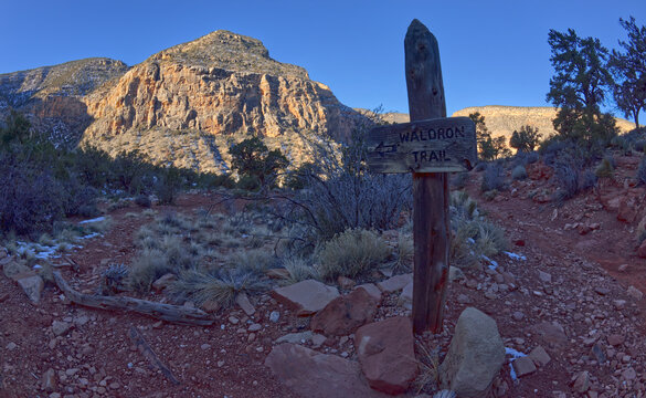 A sign marking the Waldron Canyon Trail that branches off of Hermit Trail at Grand Canyon Arizona.