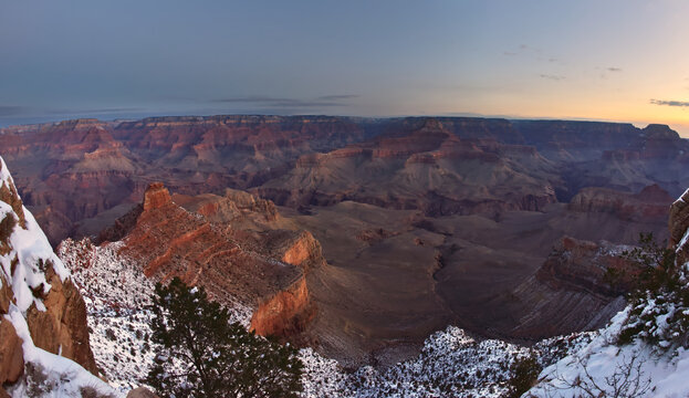 Winter view from Ooh Aah Point at dawn along the South Kaibab Trail in Grand Canyon National Park Arizona. 