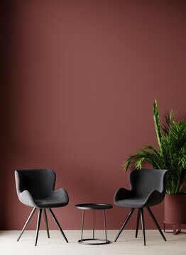 Modern style interior design of a living lounge room or trend reception hall with a gray chairs and black table. Accent terra cotta or calming red brown maroon wall background for art. 3d render