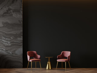 Large master living room in dark black gray colors. Rose pink set of chairs and gold table. Background blank wall mockup for wallpaper or paintings. Luxury lounge or reception office. 3d rendering