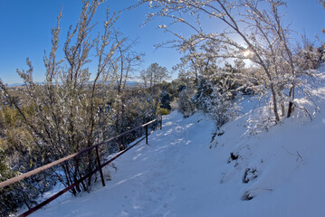 The Thumb Butte Recreation Area day use hiking trail in the Prescott National Forest just west of Prescott Arizona, covered in winter snow and ice.