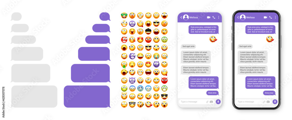 Wall mural Smartphone messaging app, user interface design with emoji. SMS text frame. Chat screen with violet message bubbles. Texting app for communication. Social media application. Vector illustration