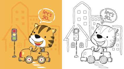 Coloring book cartoon of funny cat driving car in the city road elements in hand drawn style