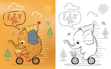 Coloring book cartoon of funny elephant riding bike with a little bird in line art styles