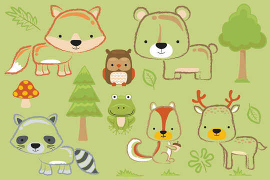 Group of woodland animals cartoon with forest elements in hand drawn style