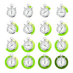 Realistic classic stopwatch. Shiny metal chronometer, time counter with dial. Green countdown timer showing minutes and seconds. Time measurement for sport, start and finish. Vector illustration