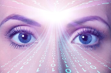 Female face with digital matrix numbers intelligence AI