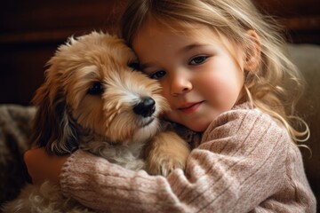 Toddler girl cuddling her pet dog. Generative AI