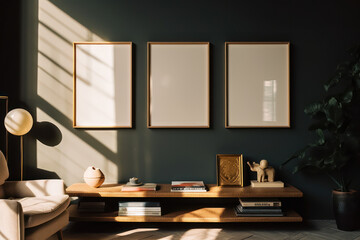 artistic frame canvas mock up in a curated whimsical studio setting / desk, atelier bohemian style with natural light and shadows - ai generative art	