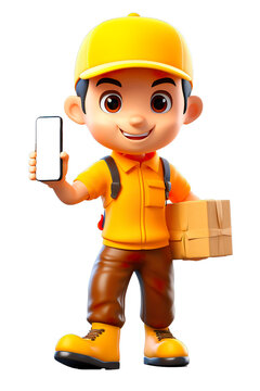 Cartoon character illustration of delivery boy holding package and scanning with smart phone. Delivery services concept. Isolated transparent background