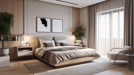 Interior of modern bedroom with wooden walls, wooden floor, comfortable king size bed brown beige tones - AI generated
