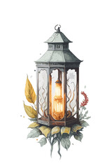 Watercolor lantern with candle and holiday decor. Hand painted traditional lantern with rose and plant isolated on white background. For design or print © Panda design